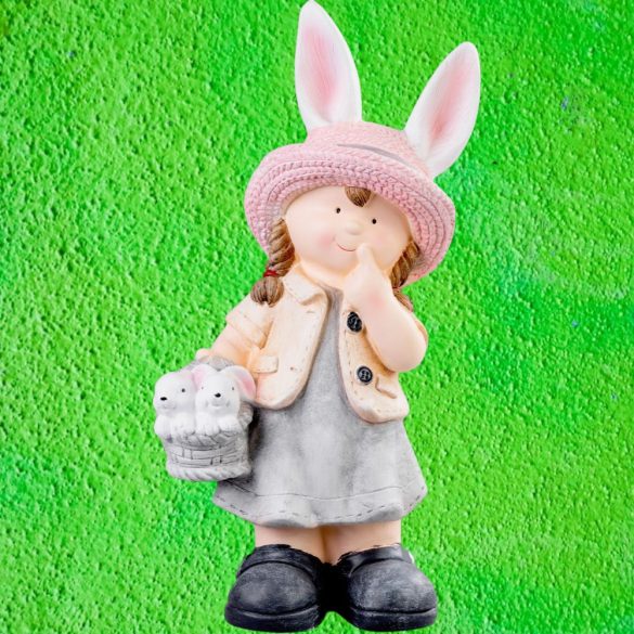 Kerti dekoráció, MagicHome, nyuszifüles kislány, rózsaszín, 25,5 x 16 x 50 cm, kerámia