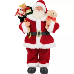 MagicHome karácsonyi dekoráció, Mikulás ajándékokkal és macival, piros, 30 cm