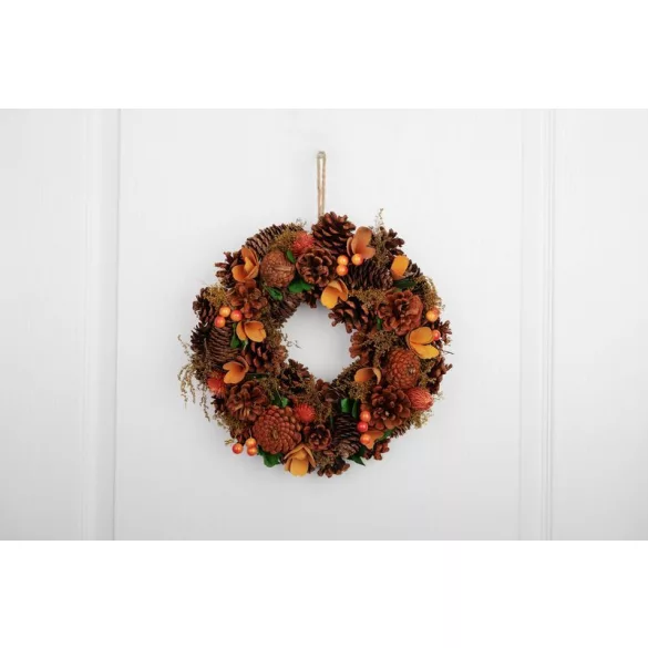 Koszorú MagicHome Nature, őszi, narancssárga, tobozokkal, 30 cm