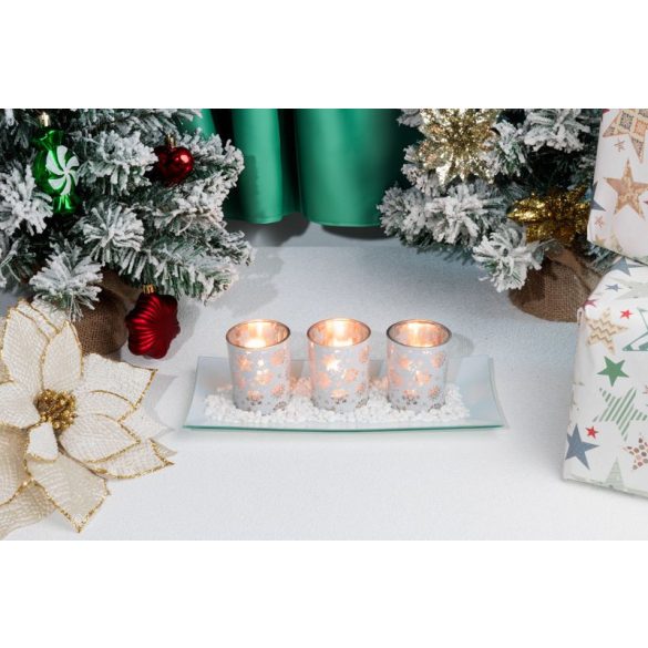 Karácsonyi gyertyatartó, MagicHome Vianoce, 26 x 12 x 7 cm, fehér, tálcán, teamécsesekhez, 5,5 x 6,5 cm-es gyertyákhoz