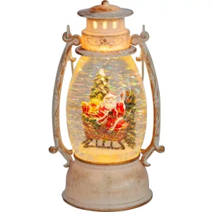 MagicHome karácsonyi dekoráció, retro lámpás Mikulással a szánon, csillámokkal, 2 db melegfehér LED, 3 db AA elemmel működő, 13 x 11 x 24 cm, fehér, beltéri