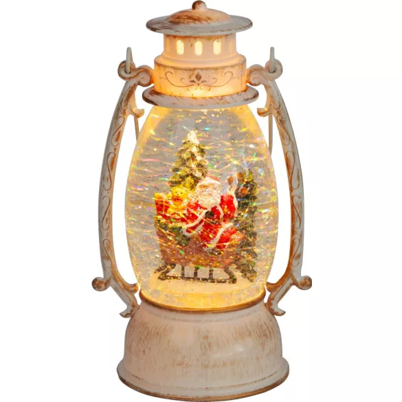 MagicHome karácsonyi dekoráció, retro lámpás Mikulással a szánon, csillámokkal, 2 db melegfehér LED, 3 db AA elemmel működő, 13 x 11 x 24 cm, fehér, beltéri
