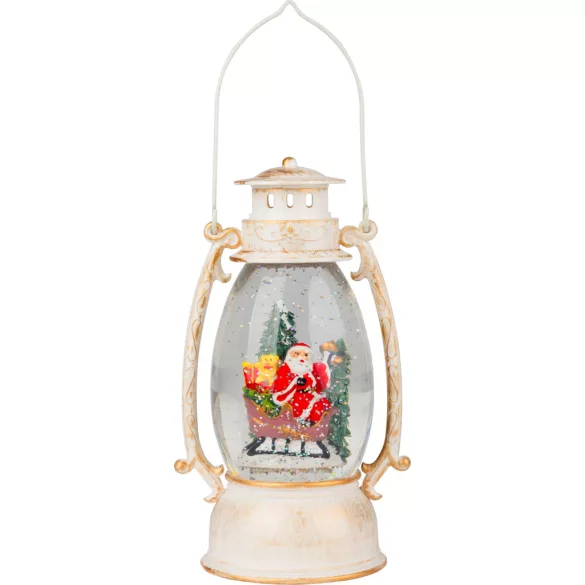 MagicHome karácsonyi dekoráció, retro lámpás Mikulással a szánon, csillámokkal, 2 db melegfehér LED, 3 db AA elemmel működő, 13 x 11 x 24 cm, fehér, beltéri