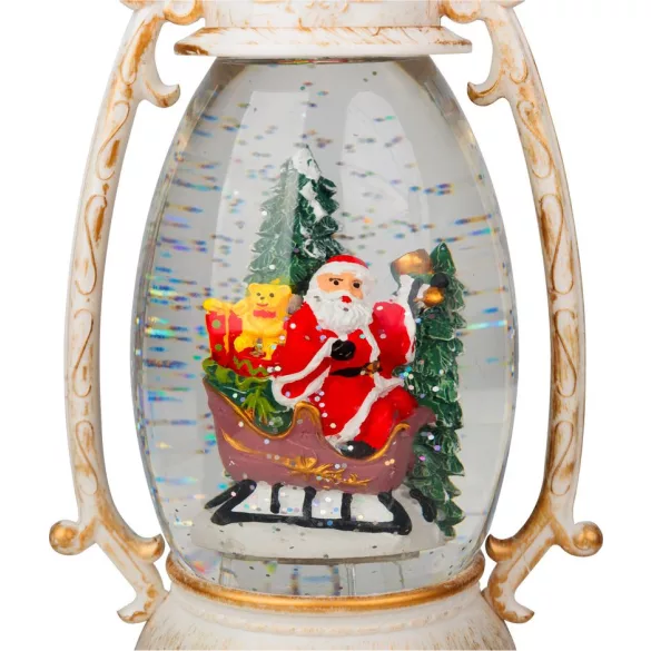 MagicHome karácsonyi dekoráció, retro lámpás Mikulással a szánon, csillámokkal, 2 db melegfehér LED, 3 db AA elemmel működő, 13 x 11 x 24 cm, fehér, beltéri