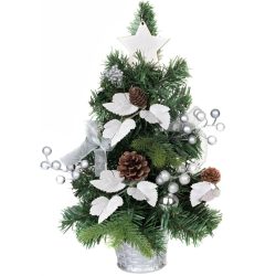 MagicHome műfenyő, díszített, ezüst, levelekkel, 40 cm