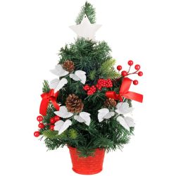 MagicHome műfenyő, díszített, piros, levelekkel, 40 cm