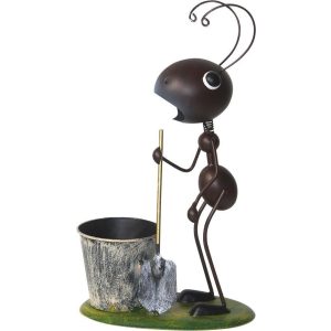 Kerti dekoráció, MagicHome Mecco, hangya ásóval, barna, 25 x 14 x 44 cm, fém, egyben virágtartó is