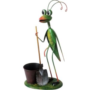 Kerti dekoráció, MagicHome Mecco, imádkozó sáska, zöld, 26 x 15 x 52 cm, fém, egyben virágtartó is