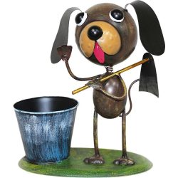   Kerti dekoráció, MagicHome Mecco, kutya kapával, barna, 27 x 16 x 29 cm, fém, egyben virágtartó is