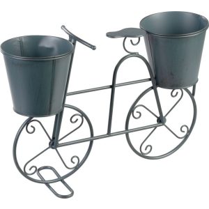 Kerti dekoráció, MagicHome Mecco, kerékpár 2 cseréptartóval, szürke, 50 × 15 × 37 cm, fém, egyben virágtartó is