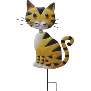 Kerti dekoráció, MagicHome Mecco, macska, sárga, 25,5 × 3,5 × 61 cm, fém, leszúrható