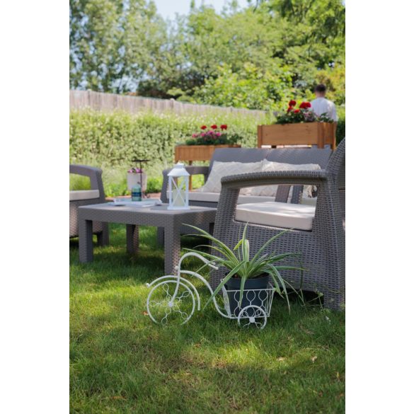 Kerti dekoráció, MagicHome Mecco, kerékpár cseréptartóval, fehér, 52 × 22 × 32 cm, fém, egyben virágtartó is