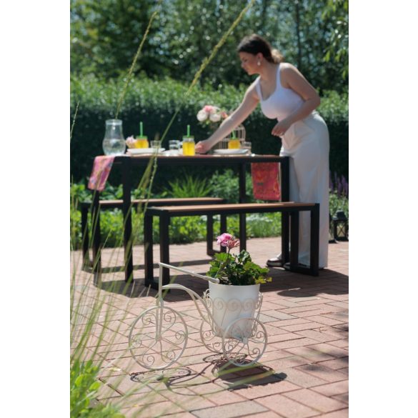 Kerti dekoráció, MagicHome Mecco, kerékpár cseréptartóval, fehér, 48 × 20 × 35 cm, fém, egyben virágtartó is