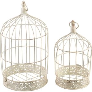 Kerti dekoráció, MagicHome Mecco, madárkalitka készlet, fehér, 23 x 23 x 41 cm és 18 x 18 x 34 cm, 2 db, fém, felakasztható