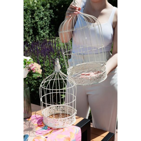 Kerti dekoráció, MagicHome Mecco, madárkalitka készlet, fehér, 23 x 23 x 41 cm és 18 x 18 x 34 cm, 2 db, fém, felakasztható