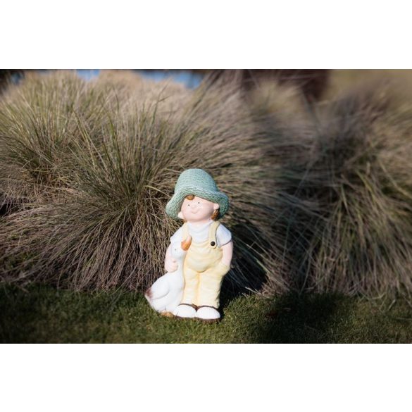 Kerti dekoráció, MagicHome, kisfiú libával, sárga, 15,5 × 25,5 × 44,5 cm, kerámia