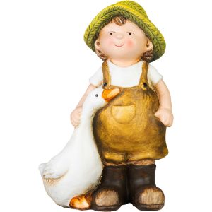 Kerti dekoráció, MagicHome, kisfiú libával, barna, 6,5 x 12,5 x 19 cm, kerámia