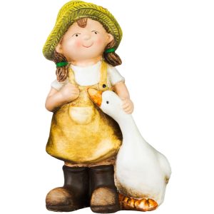 Kerti dekoráció, MagicHome, kislány libával, barna, 6,5 x 12,5 x 19 cm, kerámia