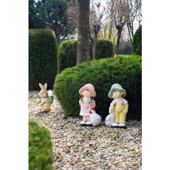 Kerti dekoráció, MagicHome, nyuszi fiókával és tojással, bézs, 17,8 x 25,5 x 39 cm, kerámia