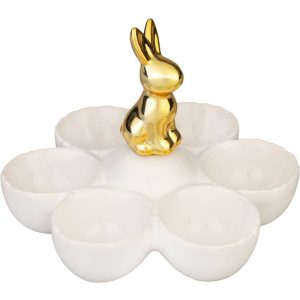 Kerti dekoráció, MagicHome, nyuszi tojástartóval, arany, 15 x 15 x 11,7 cm, kerámia, asztali