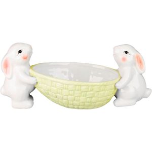 Kerti dekoráció, MagicHome, nyuszik tojástartóval, fehér, 12 x 26,5 x 11 cm, kerámia, asztali