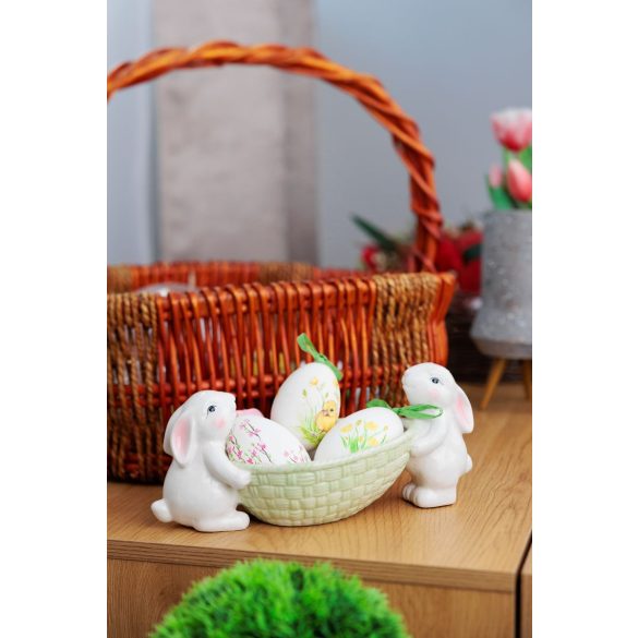 Kerti dekoráció, MagicHome, nyuszik tojástartóval, fehér, 12 x 26,5 x 11 cm, kerámia, asztali