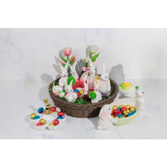 Kerti dekoráció, MagicHome, nyuszik tojástartóval, fehér, 12 x 26,5 x 11 cm, kerámia, asztali