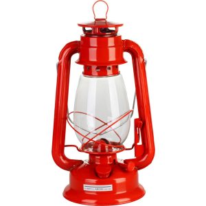 Petróleumlámpa, 30 cm, piros, fém és üveg, retro stílus, kanócos, beltéri és kültéri használatra