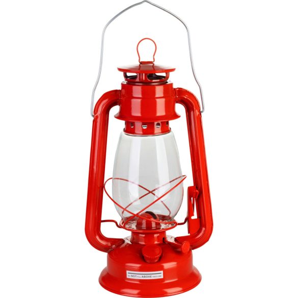 Petróleumlámpa, 30 cm, piros, fém és üveg, retro stílus, kanócos, beltéri és kültéri használatra