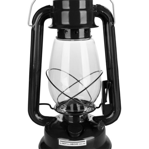Petróleumlámpa, 30 cm, fekete, fém és üveg, retro stílus, kanócos, beltéri és kültéri használatra