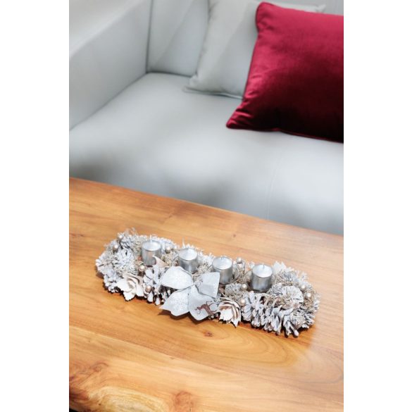 Ikebana, MagicHome Vianoce, 44 x 15 x 9 cm, ezüst-arany, adventi, természetes anyag, tobozokkal díszített, asztali dekoráció, elegáns