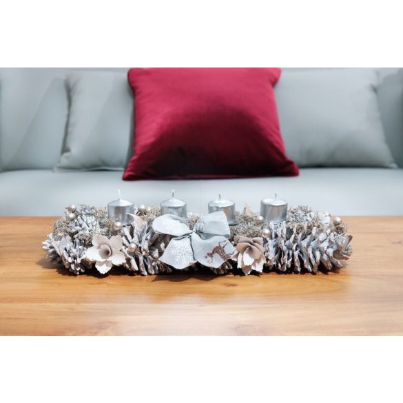 Ikebana, MagicHome Vianoce, 44 x 15 x 9 cm, ezüst-arany, adventi, természetes anyag, tobozokkal díszített, asztali dekoráció, elegáns