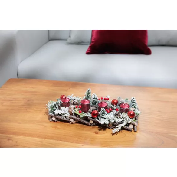 Ikebana, MagicHome Vianoce, 36 x 13 x 12 cm, ezüst, természetes stílus, havas hatás, fenyőtobozokkal és piros bogyókkal