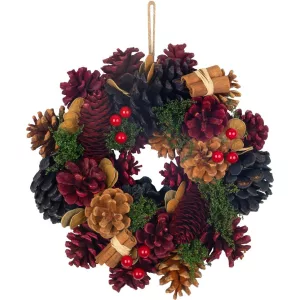 Koszorú, MagicHome Vianoce, 24 cm, piros-kék, akasztható, kézzel díszített, tobozokkal és díszgömbökkel