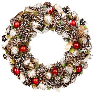 Koszorú, MagicHome Vianoce, 50 cm, zöld, természetes tobozokkal és ágakkal, akasztható, piros–arany díszítéssel