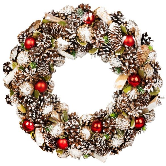 Koszorú, MagicHome Vianoce, 50 cm, zöld, természetes tobozokkal és ágakkal, akasztható, piros–arany díszítéssel