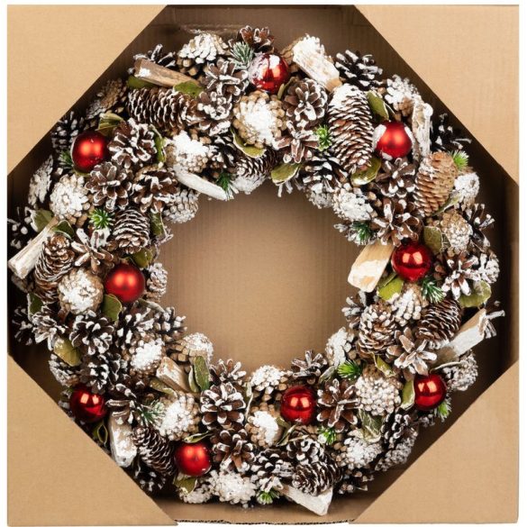 Koszorú, MagicHome Vianoce, 50 cm, zöld, természetes tobozokkal és ágakkal, akasztható, piros–arany díszítéssel