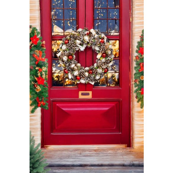 Koszorú, MagicHome Vianoce, 50 cm, zöld, természetes tobozokkal és ágakkal, akasztható, piros–arany díszítéssel