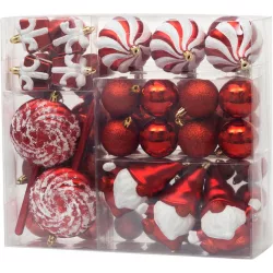   Karácsonyfadísz készlet, MagicHome Vianoce, 47 db, piros, műanyag, vegyes formák és méretek, karácsonyfára