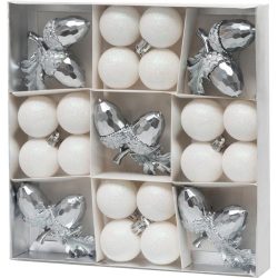   MagicHome karácsonyfadísz készlet, 21 darabos, fehér-ezüst színű, mix (gömb és makk), fényes és csillámos felülettel