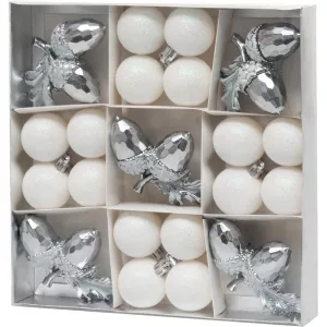 MagicHome karácsonyfadísz készlet, 21 darabos, fehér-ezüst színű, mix (gömb és makk), fényes és csillámos felülettel