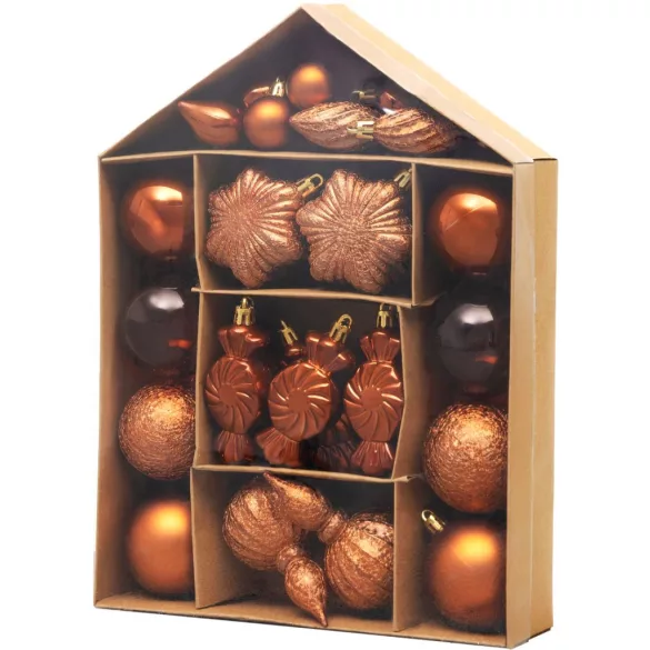 Karácsonyfadísz készlet, MagicHome Vianoce, 32 db, réz, fényes-matt-csillogó felületű, tartós műanyag, karácsonyfára