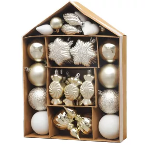MagicHome karácsonyfadísz készlet, 32 darabos, bézs színű, mix, fényes, matt és csillámos felülettel