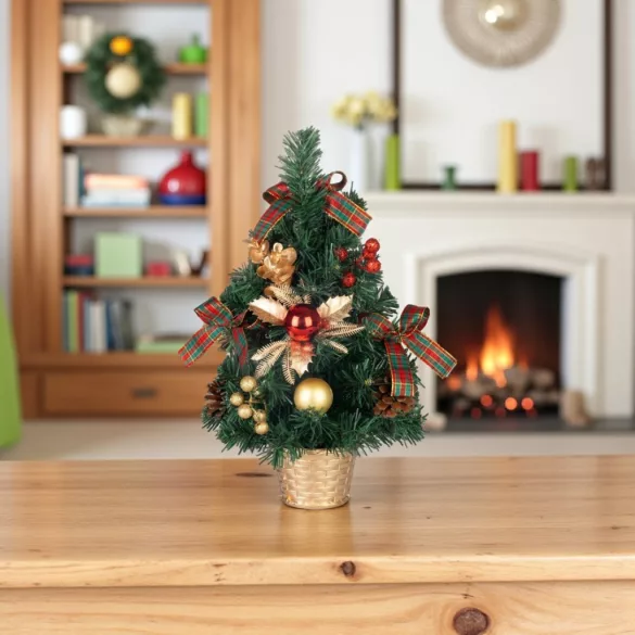 MagicHome műfenyő, 40 cm, zöld piros és arany díszekkel, dekoratív kaspóval