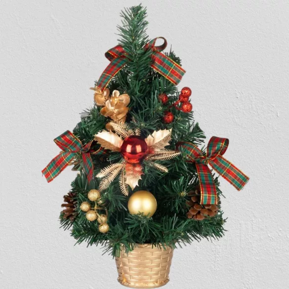 MagicHome műfenyő, 40 cm, zöld piros és arany díszekkel, dekoratív kaspóval