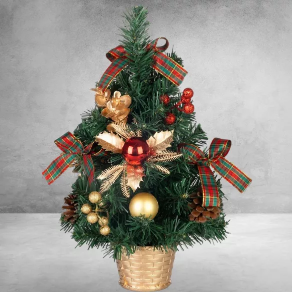 MagicHome műfenyő, 40 cm, zöld piros és arany díszekkel, dekoratív kaspóval