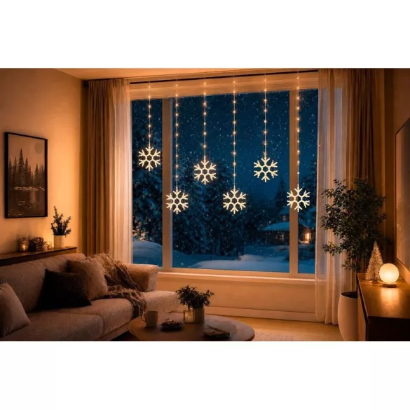 Fényfüggöny, MagicHome Vianoce, hópelyhekkel, 3,5 m, 96 LED, melegfehér, 8 + 5 fényprogram, IP44, időzítő