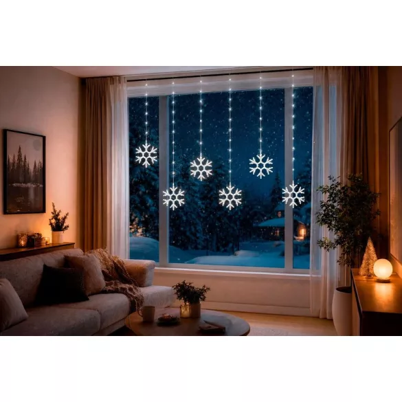 Fényfüggöny, MagicHome Vianoce, hópelyhekkel, 3,5 m, 96 LED, hidegfehér, 8 + 5 fényprogram, IP44, időzítő