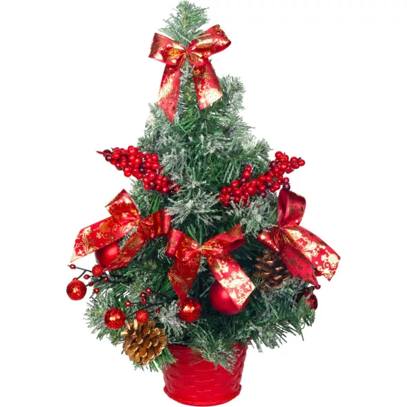 Műfenyő, MagicHome Vianoce, piros, 40 cm, díszített, havas hatású, beltéri, asztali elhelyezésre