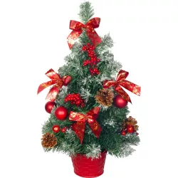   Műfenyő, MagicHome Vianoce, piros, 50 cm, díszített, havas hatású, tobozokkal, beltéri, asztali elhelyezésre